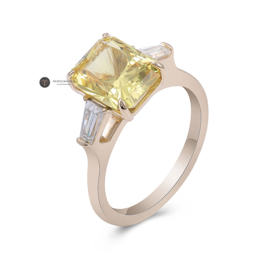 Yellow Radiant Cut And Tapered Baguette Moissanite Three Stone Ring