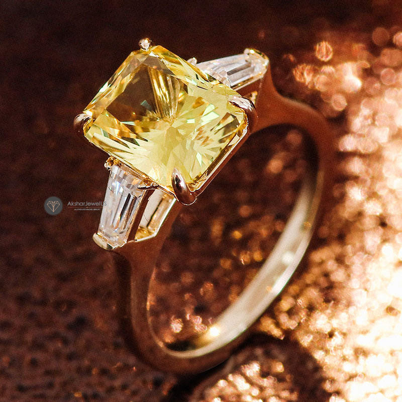 Yellow Radiant Cut And Tapered Baguette Moissanite Three Stone Ring