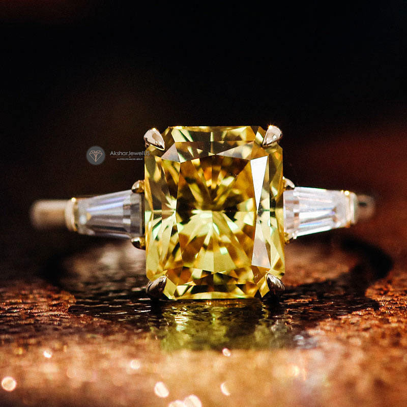 Yellow Radiant Cut And Tapered Baguette Moissanite Three Stone Ring