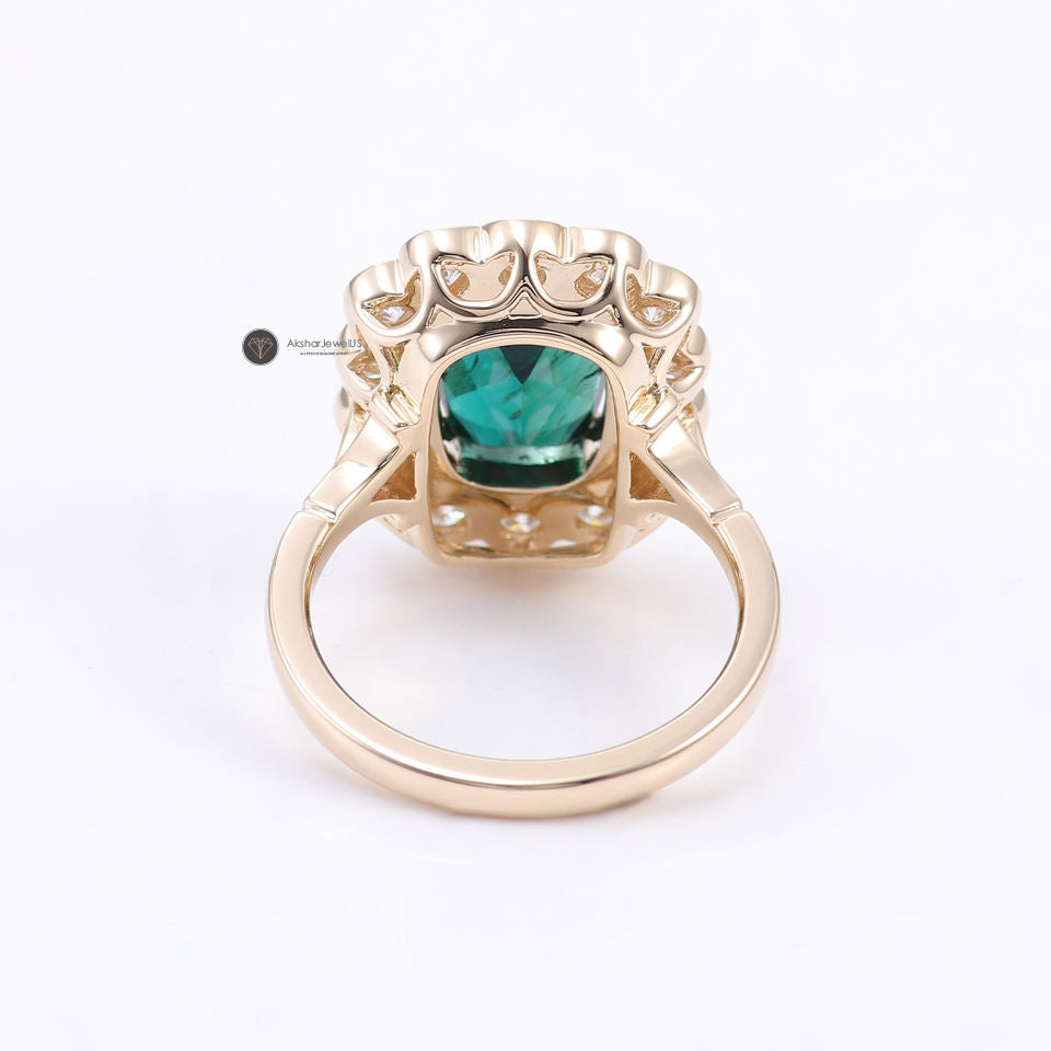 1.0CT to 5.0CT Green Emerald Elongated Cushion Cut Vintage Style Ring, Cluster Halo Ring