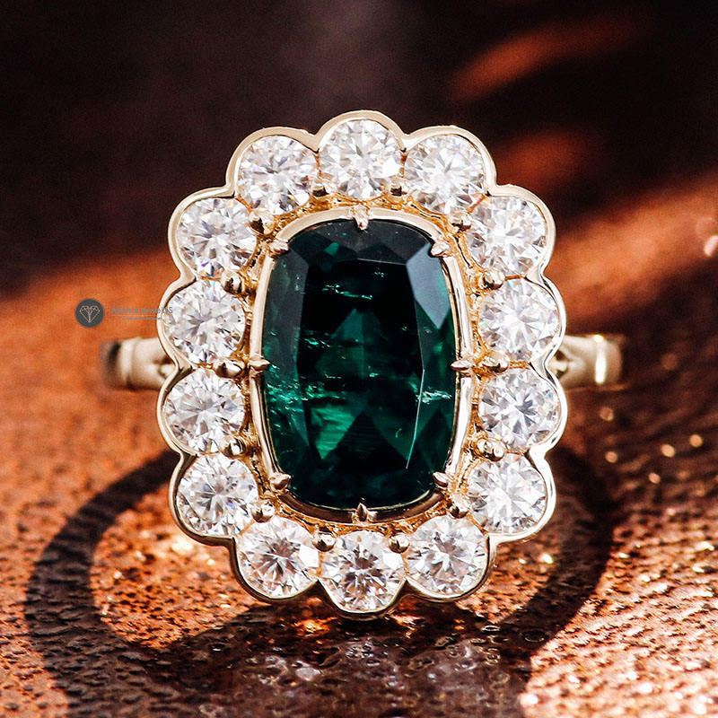 1.0CT to 5.0CT Green Emerald Elongated Cushion Cut Vintage Style Ring, Cluster Halo Ring