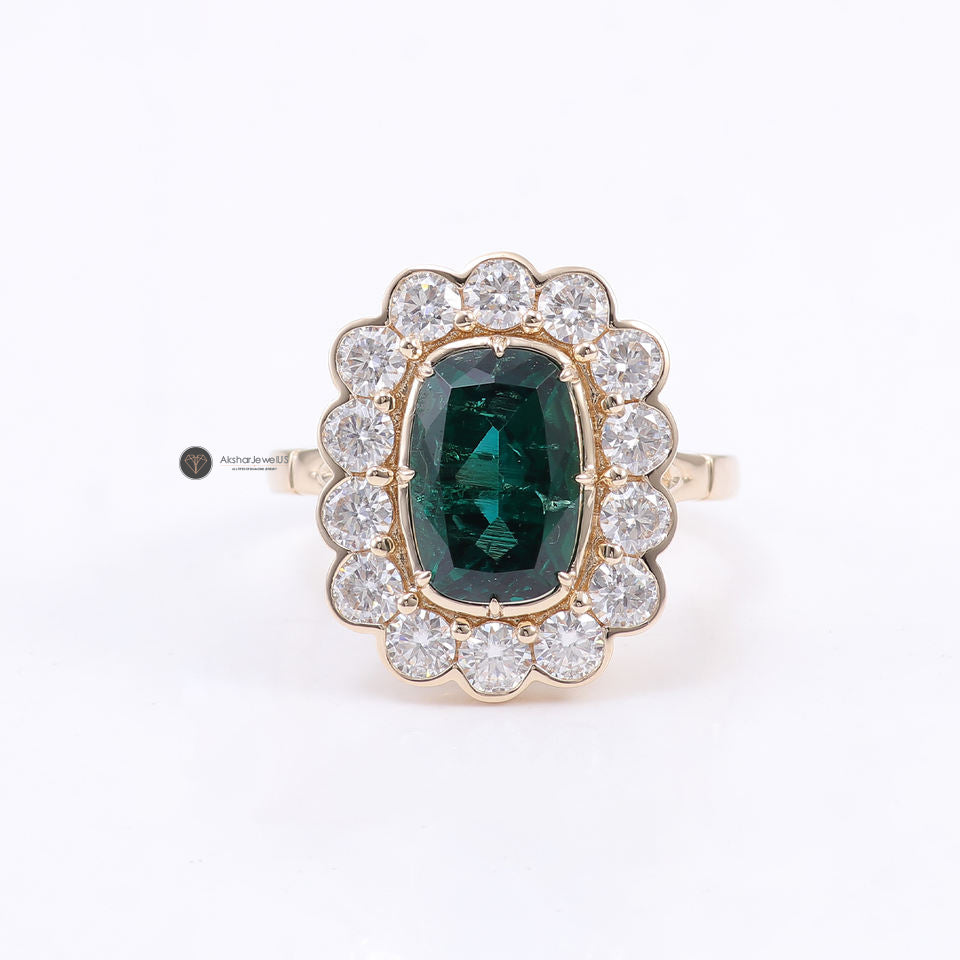 1.0CT to 5.0CT Green Emerald Elongated Cushion Cut Vintage Style Ring, Cluster Halo Ring