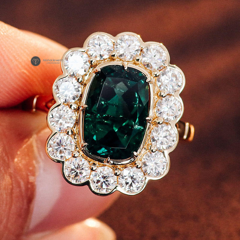 1.0CT to 5.0CT Green Emerald Elongated Cushion Cut Vintage Style Ring, Cluster Halo Ring