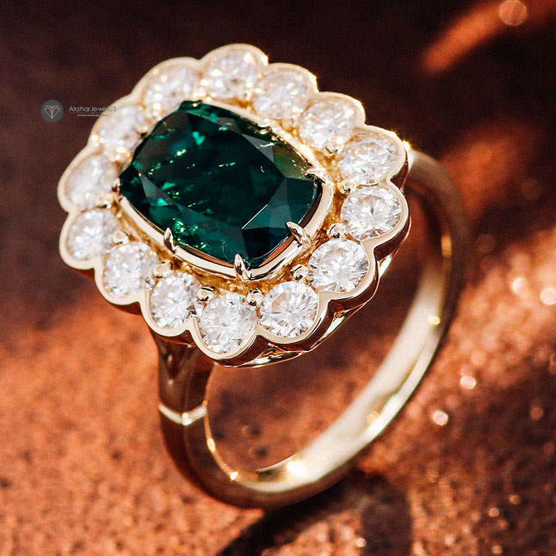 1.0CT to 5.0CT Green Emerald Elongated Cushion Cut Vintage Style Ring, Cluster Halo Ring