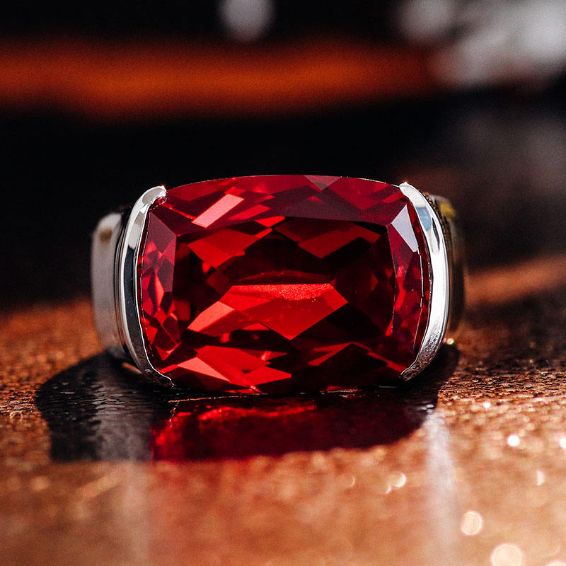 Elongated Red Ruby Cushion Cut Ring, Half Bezel Set Gemstone Ring