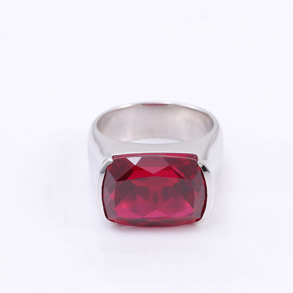 Elongated Red Ruby Cushion Cut Ring, Half Bezel Set Gemstone Ring