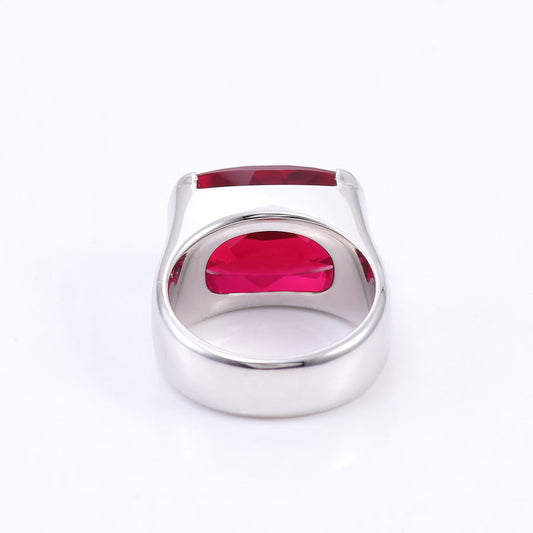 Elongated Red Ruby Cushion Cut Ring, Half Bezel Set Gemstone Ring, view 1