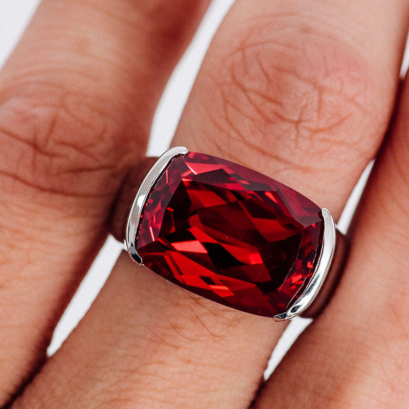 Elongated Red Ruby Cushion Cut Ring, Half Bezel Set Gemstone Ring