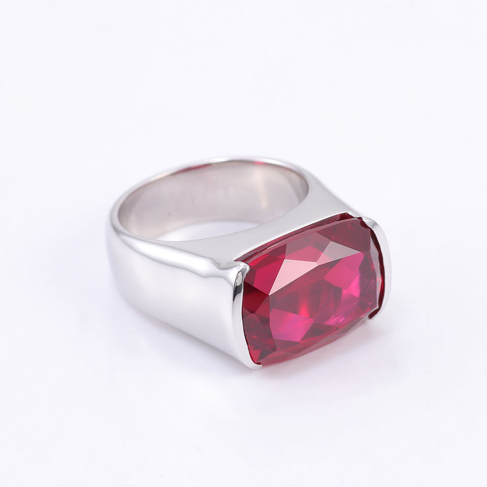 Elongated Red Ruby Cushion Cut Ring, Half Bezel Set Gemstone Ring