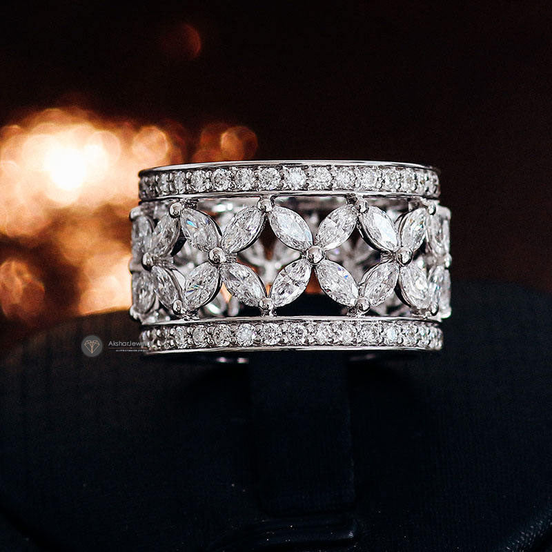 Marquise and Round Lab Grown Diamond Wedding Ring, Unique Designer Moissanite Ring