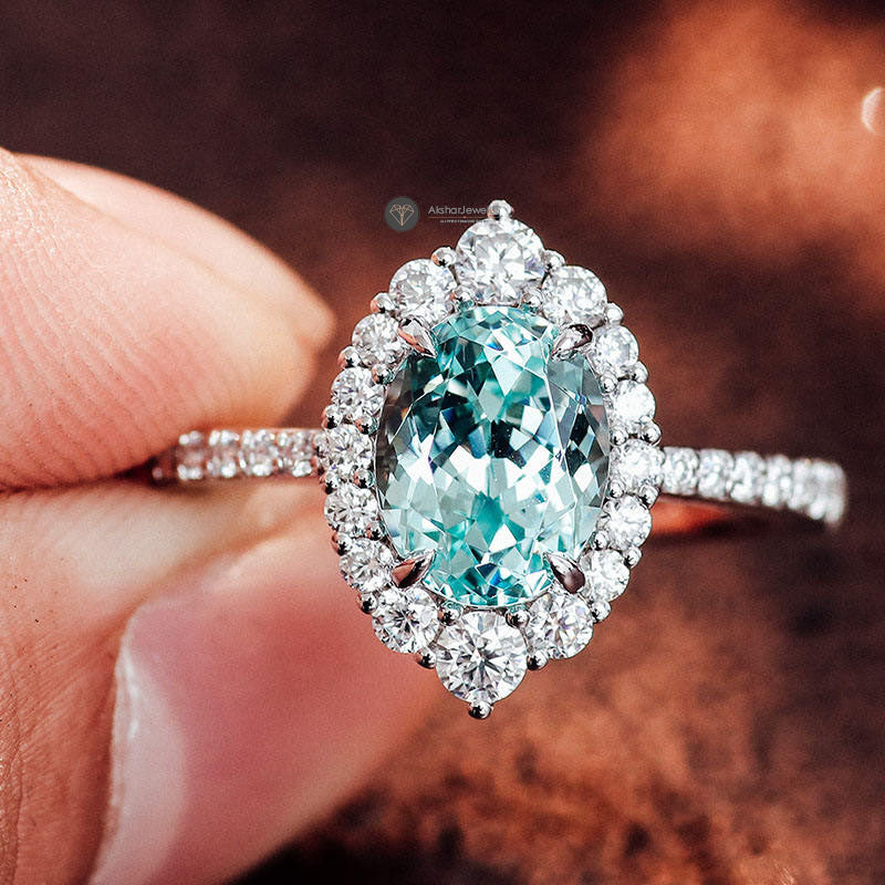 Blue Green Oval Moissanite Halo Ring, Oval Engagement Ring, Split Shank Ring