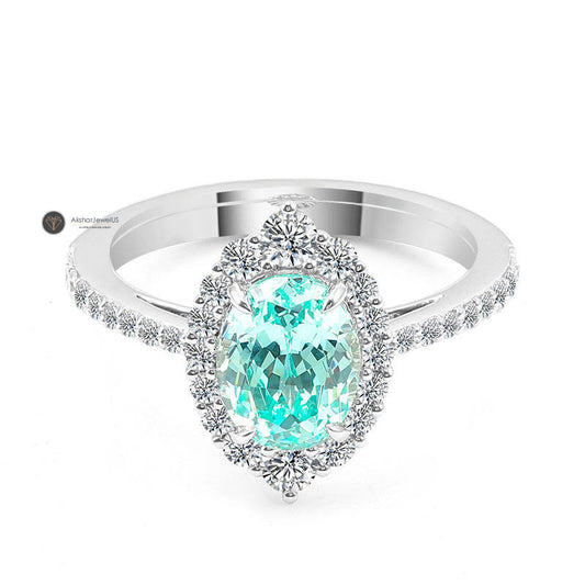Blue Green Oval Moissanite Halo Ring, Oval Engagement Ring, Split Shank Ring, view 1