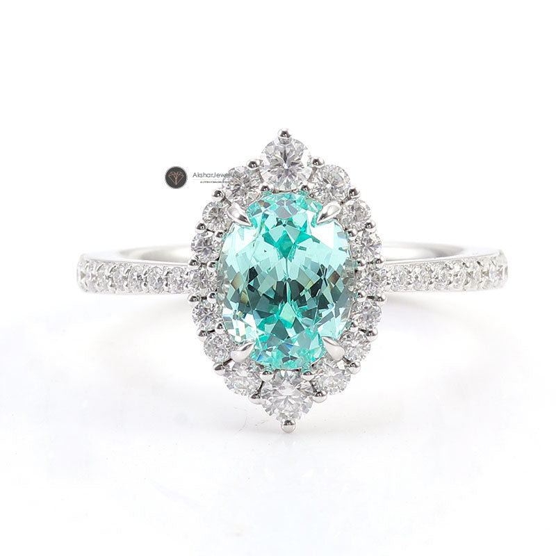 Blue Green Oval Moissanite Halo Ring, Oval Engagement Ring, Split Shank Ring