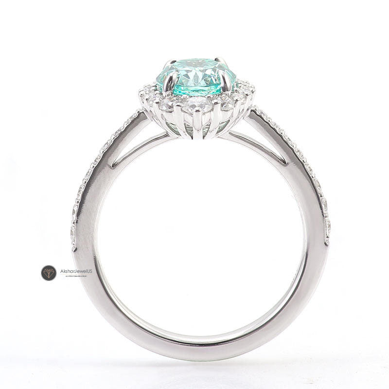 Blue Green Oval Moissanite Halo Ring, Oval Engagement Ring, Split Shank Ring