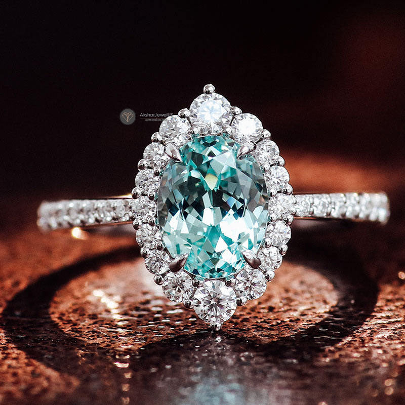 Blue Green Oval Moissanite Halo Ring, Oval Engagement Ring, Split Shank Ring