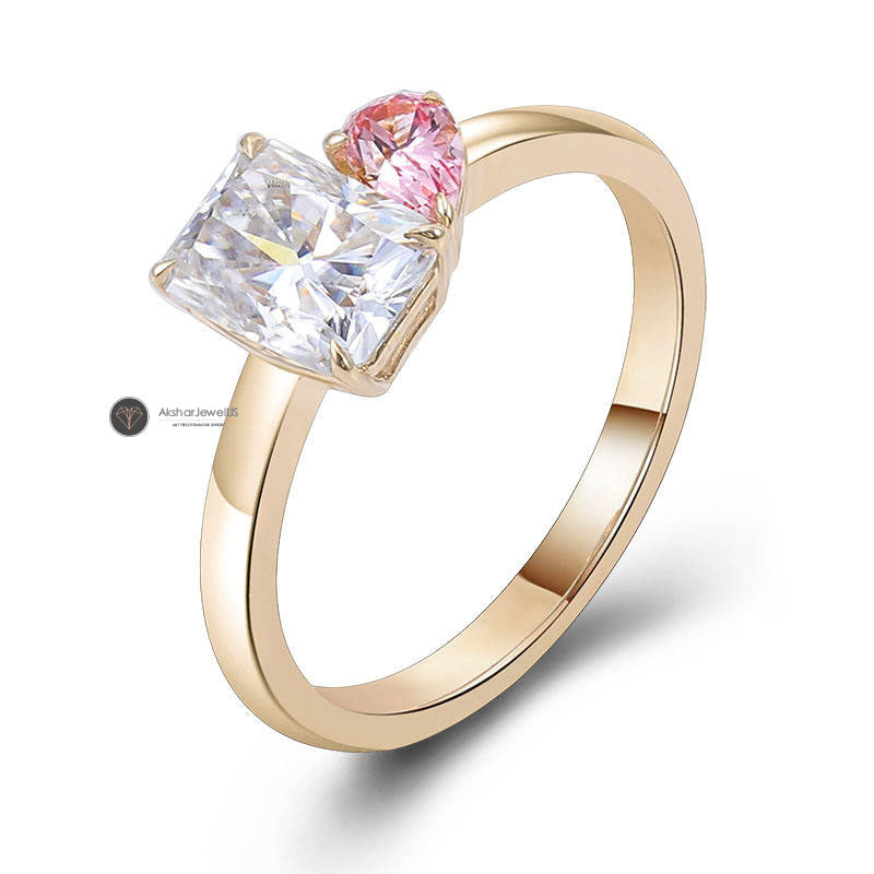 Radiant & Pink Pear Cut Moissanite Diamond Vintage Ring, Toi Et Moi Ring,