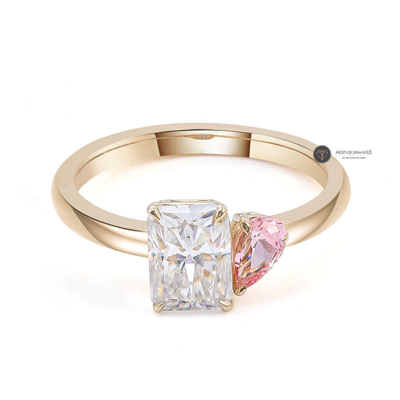 Radiant & Pink Pear Cut Moissanite Diamond Vintage Ring, Toi Et Moi Ring,