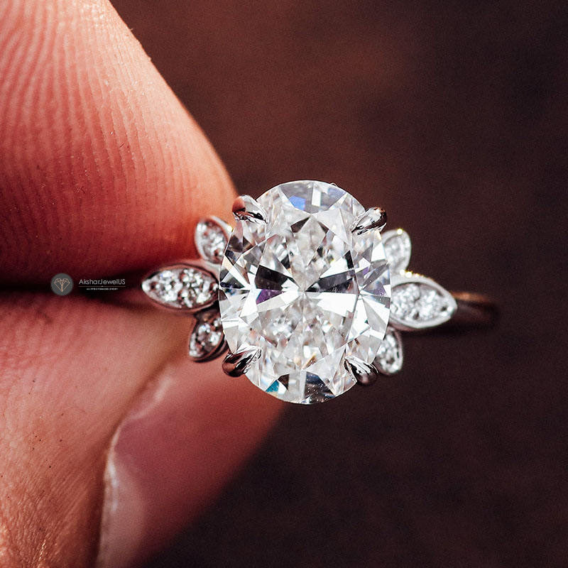 Oval Cut Colorless Moissanite Vintage Engagement Ring, Side Marquise Cut Handmade Ring Gift 