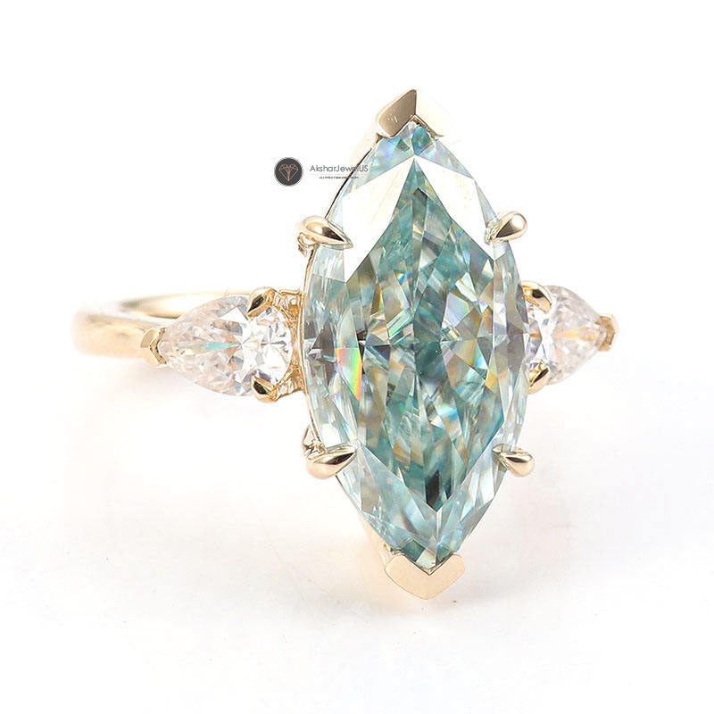 Blue Green Marquise Cut Moissanite Muse Engagement Ring