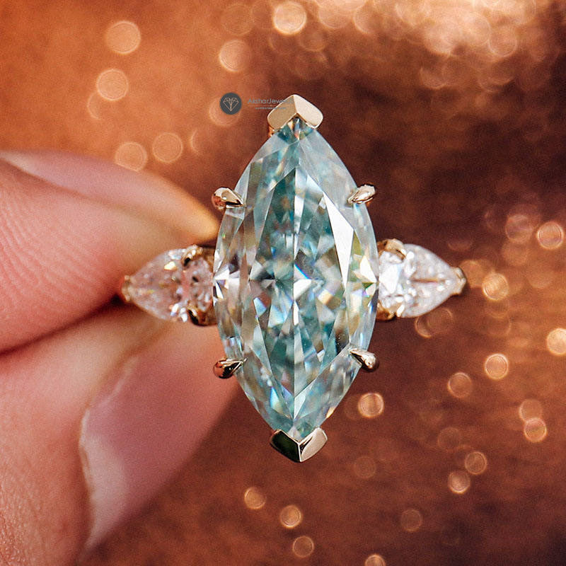 Blue Green Marquise Cut Moissanite Muse Engagement Ring