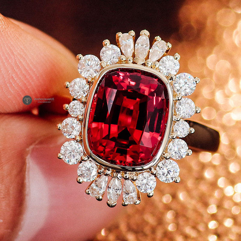 Cushion Cut Red Ruby Engagement ring, Cushion Cut Halo Vintage Gemstone Ring