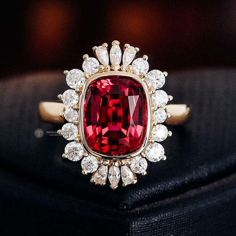 Cushion Cut Red Ruby Engagement ring, Cushion Cut Halo Vintage Gemstone Ring