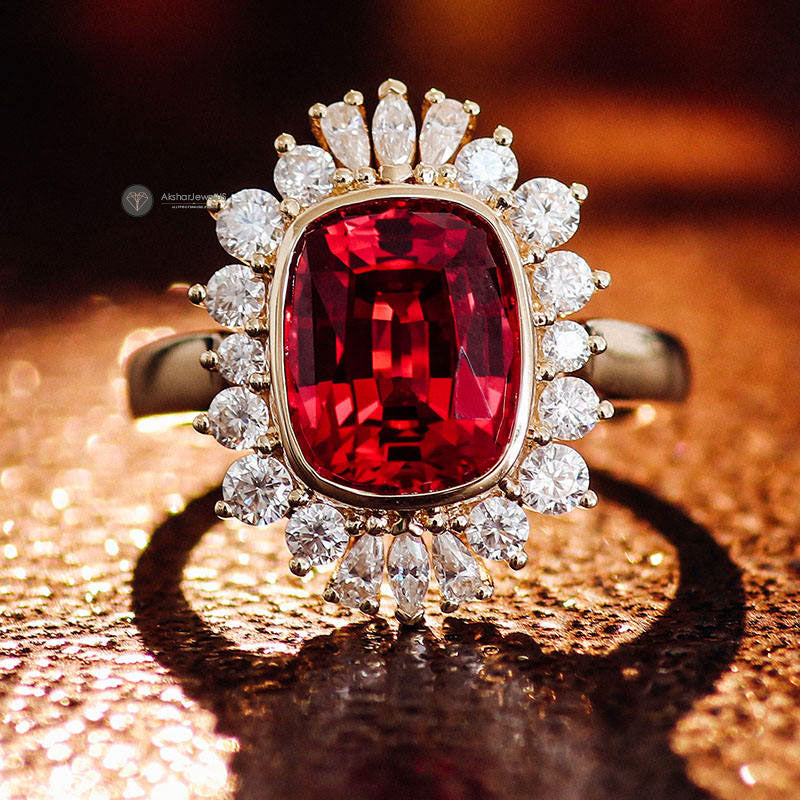 Cushion Cut Red Ruby Engagement ring, Cushion Cut Halo Vintage Gemstone Ring