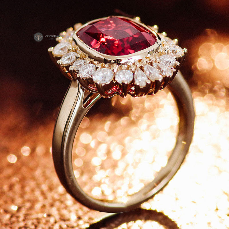 Cushion Cut Red Ruby Engagement ring, Cushion Cut Halo Vintage Gemstone Ring