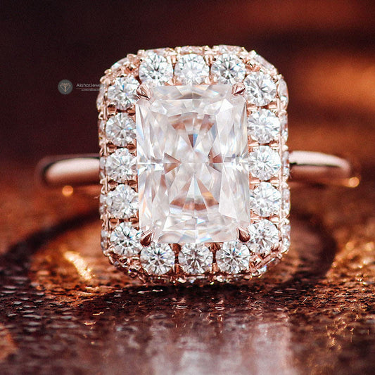 Radiant Cut Colorless Moissanite Halo Wedding Ring, 18k Rose Gold halo Engagement Ring