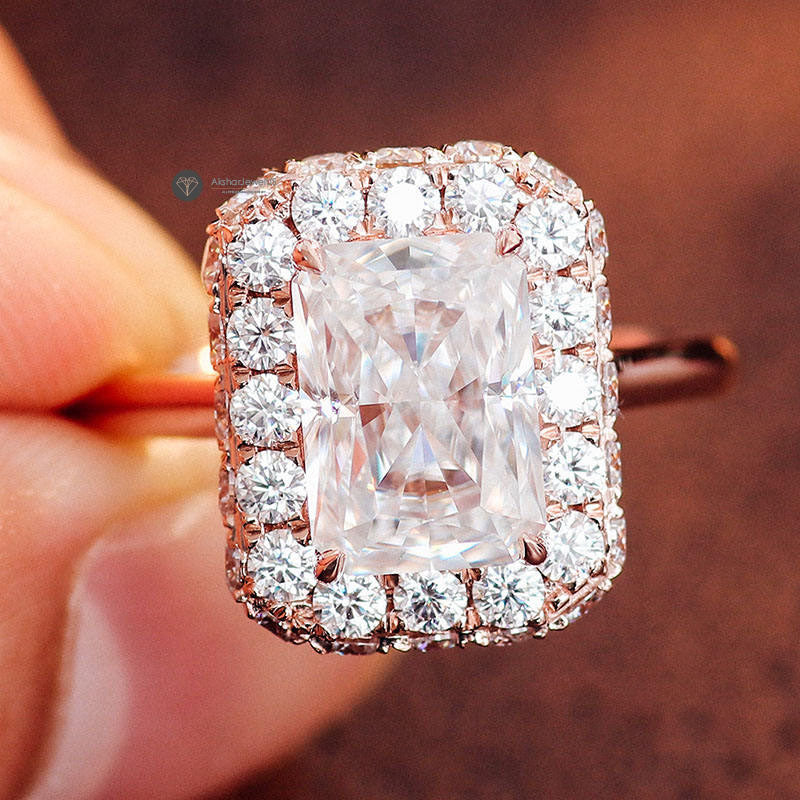 Radiant Cut Colorless Moissanite Halo Wedding Ring, 18k Rose Gold halo Engagement Ring