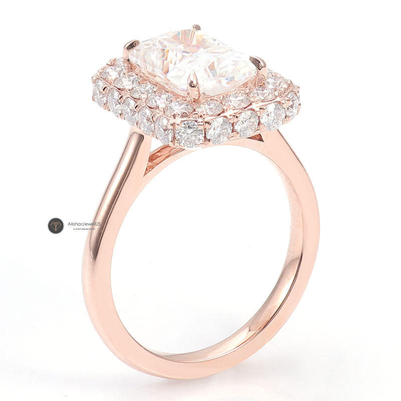 Radiant Cut Colorless Moissanite Halo Wedding Ring, 18k Rose Gold halo Engagement Ring