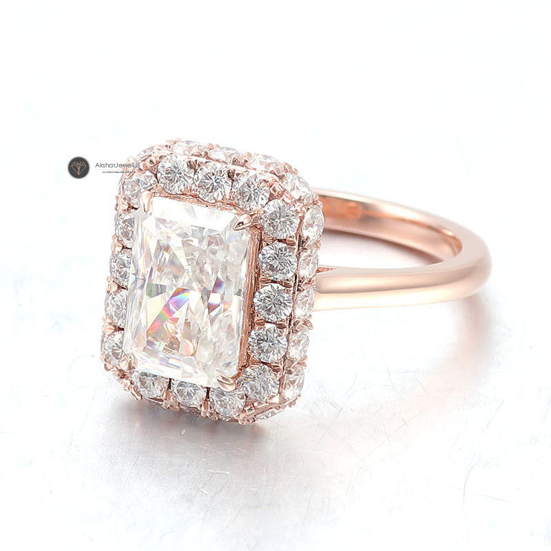 Radiant Cut Colorless Moissanite Halo Wedding Ring, 18k Rose Gold halo Engagement Ring