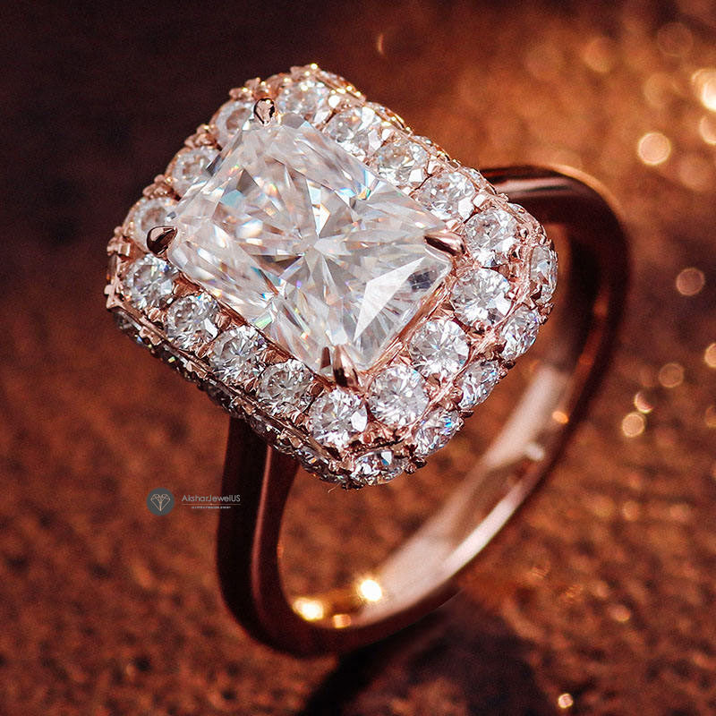 Radiant Cut Colorless Moissanite Halo Wedding Ring, 18k Rose Gold halo Engagement Ring