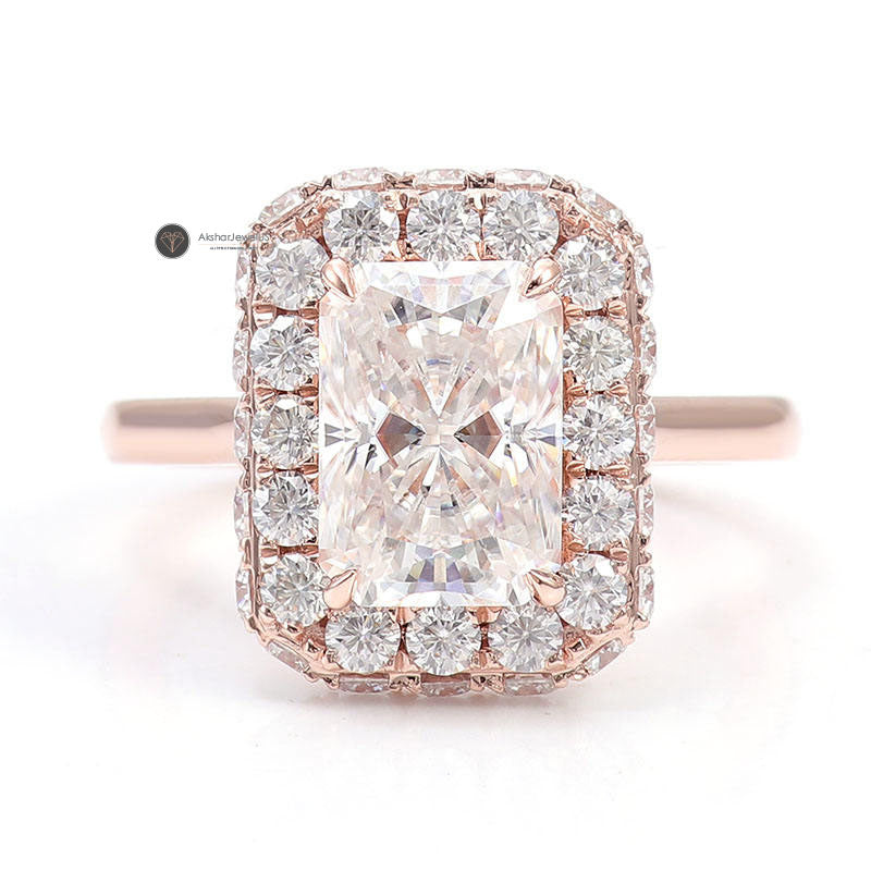 Radiant Cut Colorless Moissanite Halo Wedding Ring, 18k Rose Gold halo Engagement Ring