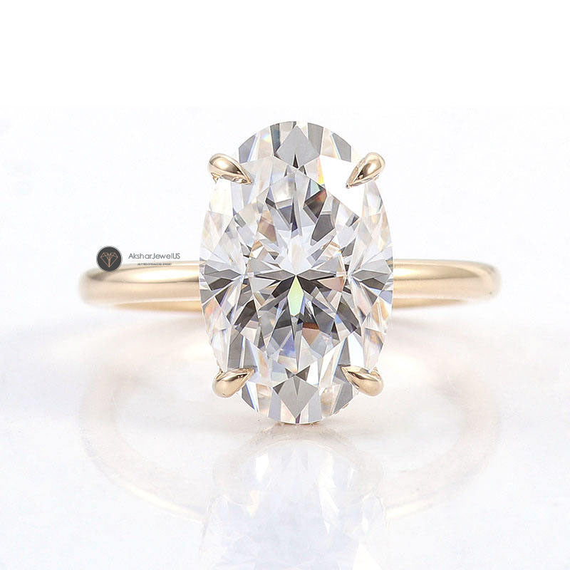 Elongated Oval Double Hidden Halo Moissanite Diamond Engagement Ring