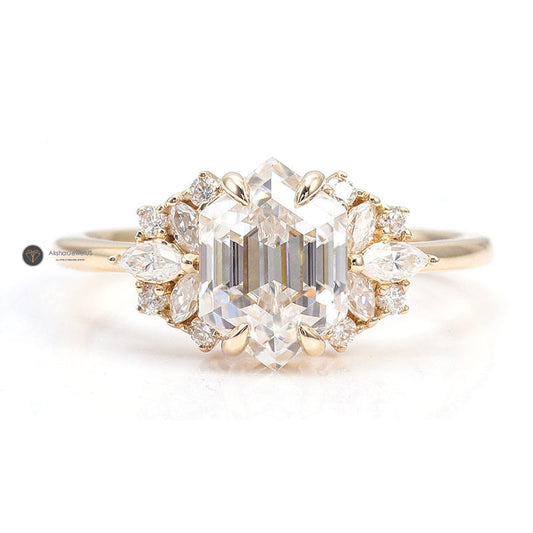 Hexagon Cut Lab Grown Diamond Ring, Marquise Wedding Ring, view 1