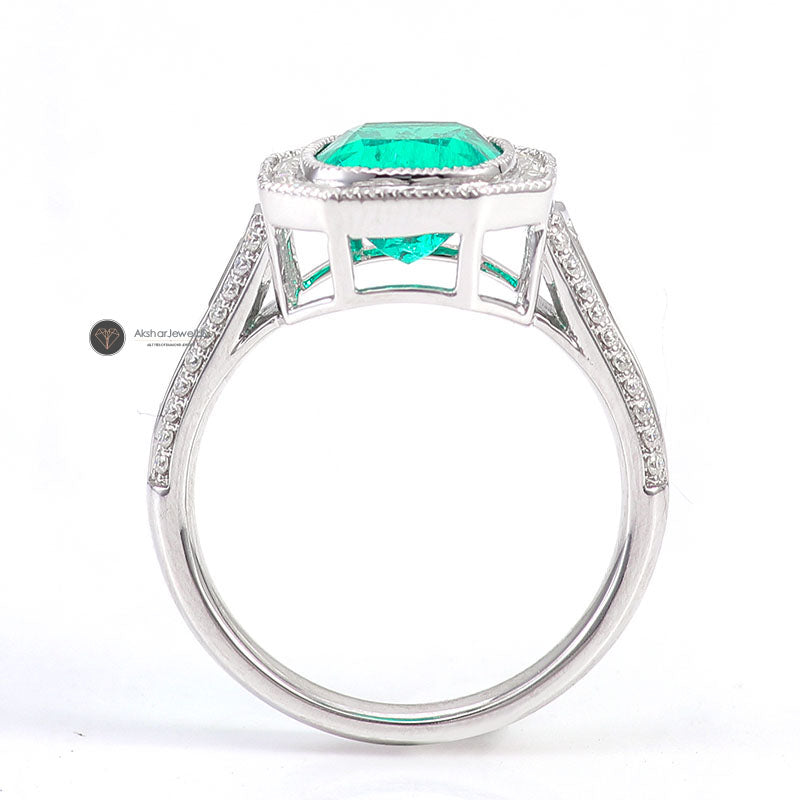 Green Elongated Cushion Cut Milgrain Style Bezel Set Halo Ring