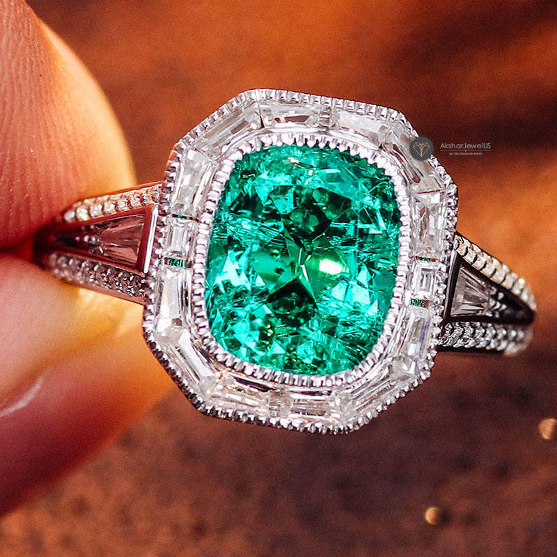 Green Elongated Cushion Cut Milgrain Style Bezel Set Halo Ring