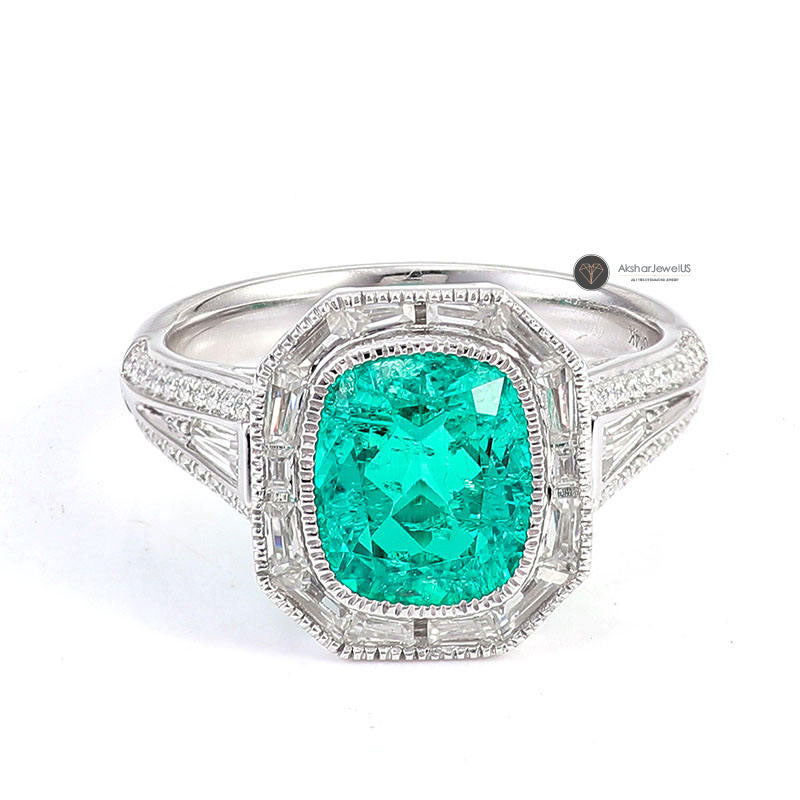 Green Elongated Cushion Cut Milgrain Style Bezel Set Halo Ring