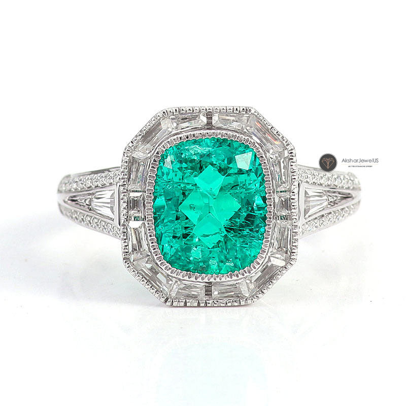 Green Elongated Cushion Cut Milgrain Style Bezel Set Halo Ring