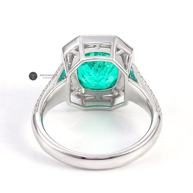 Green Elongated Cushion Cut Milgrain Style Bezel Set Halo Ring