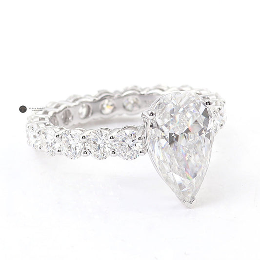 Pear Cut Moissanite Diamond Engagement Ring, Round Full Eternity Wedding Band