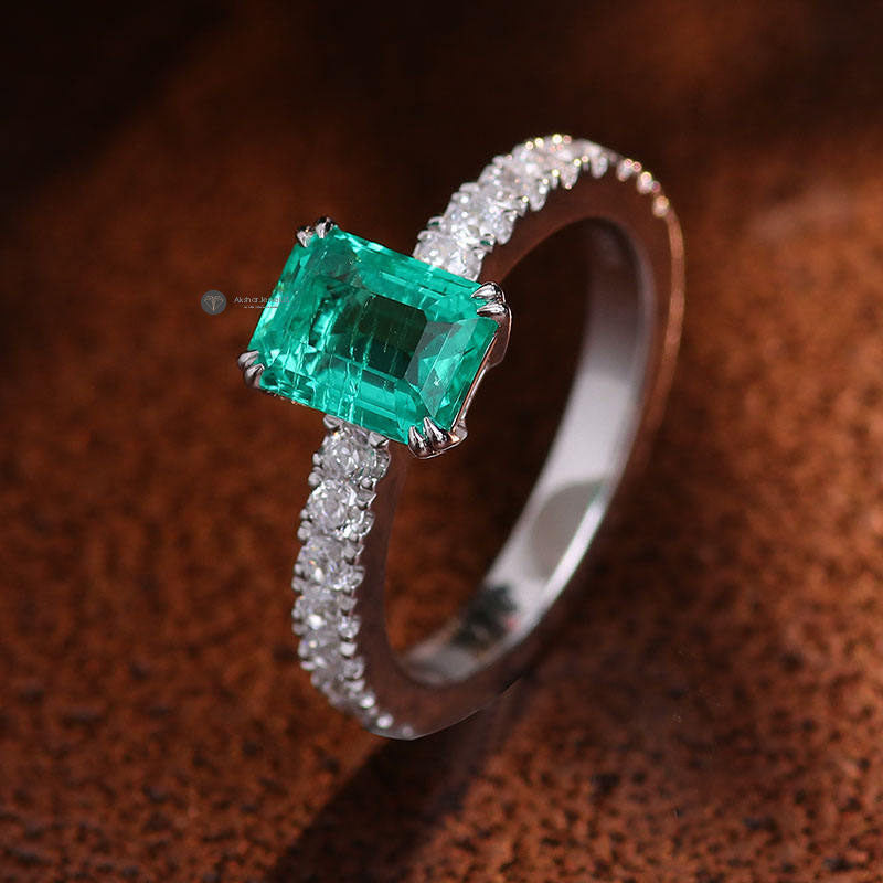 Green Emerald Cut Moissanite Diamond Double Claw prong Ring