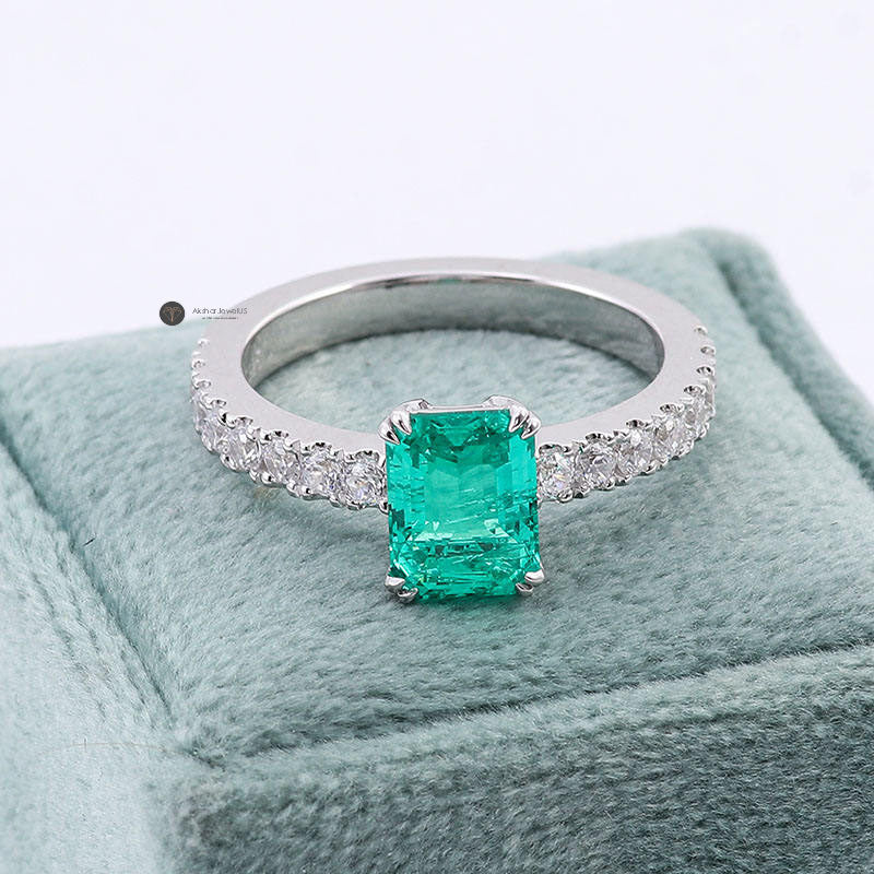 Green Emerald Cut Moissanite Diamond Double Claw prong Ring