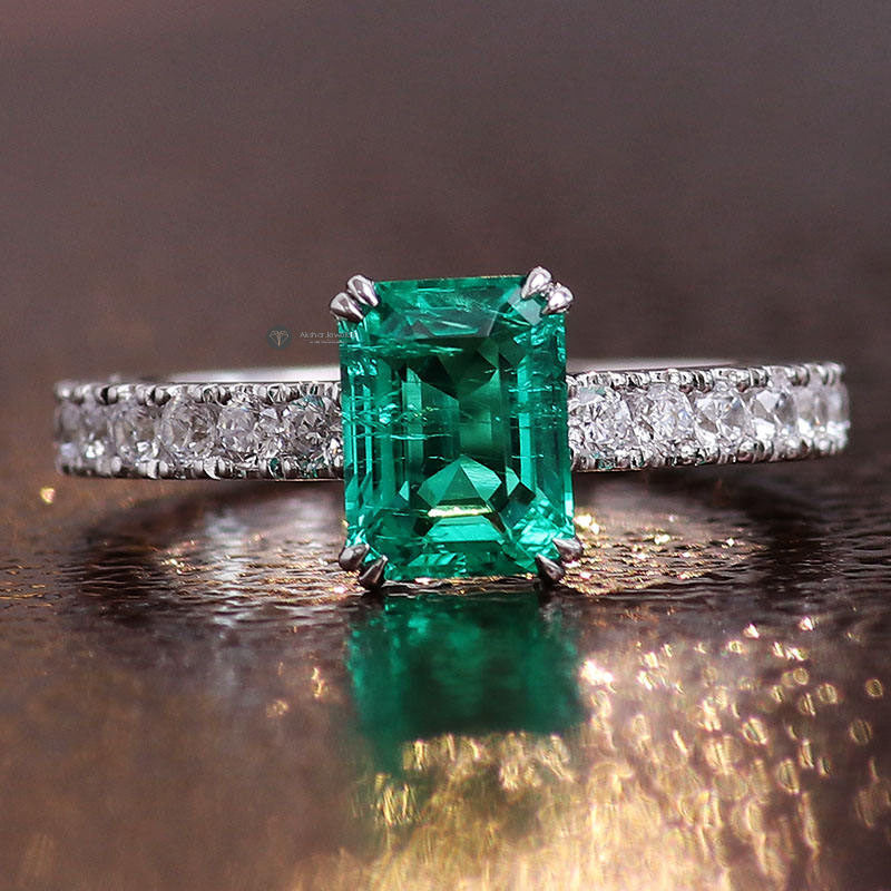 Green Emerald Moissanite Diamond Engagement Ring, Emerald Double Claw prong Ring