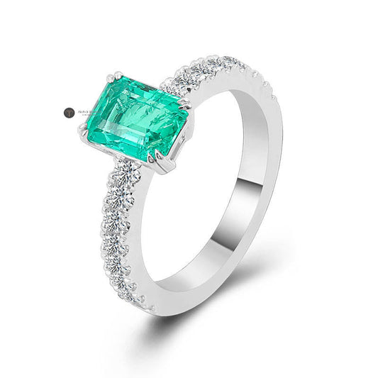Green Emerald Cut Moissanite Diamond Double Claw prong Ring, view 1