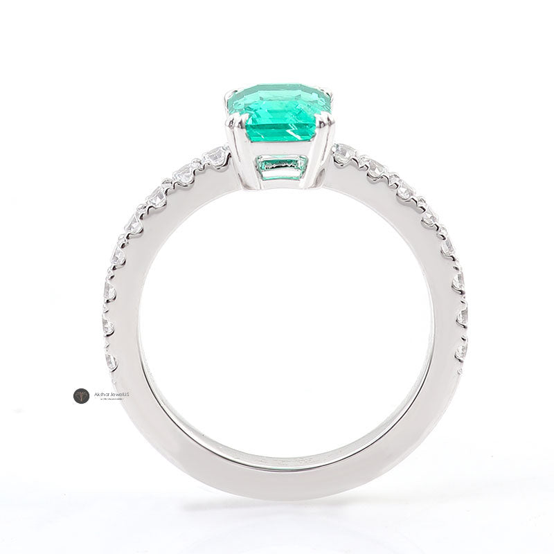 Green Emerald Cut Moissanite Diamond Double Claw prong Ring