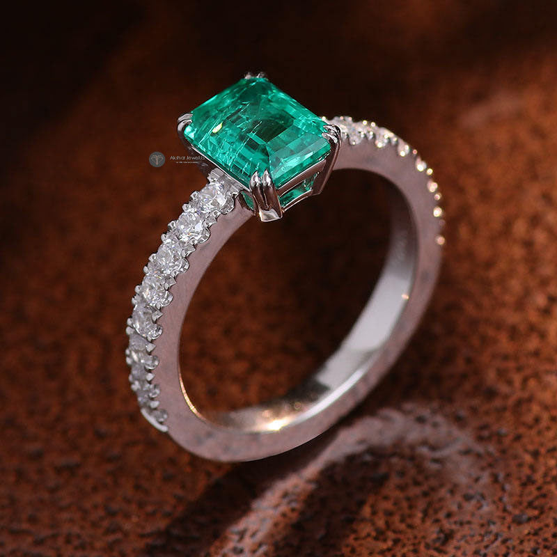 Green Emerald Cut Moissanite Diamond Double Claw prong Ring