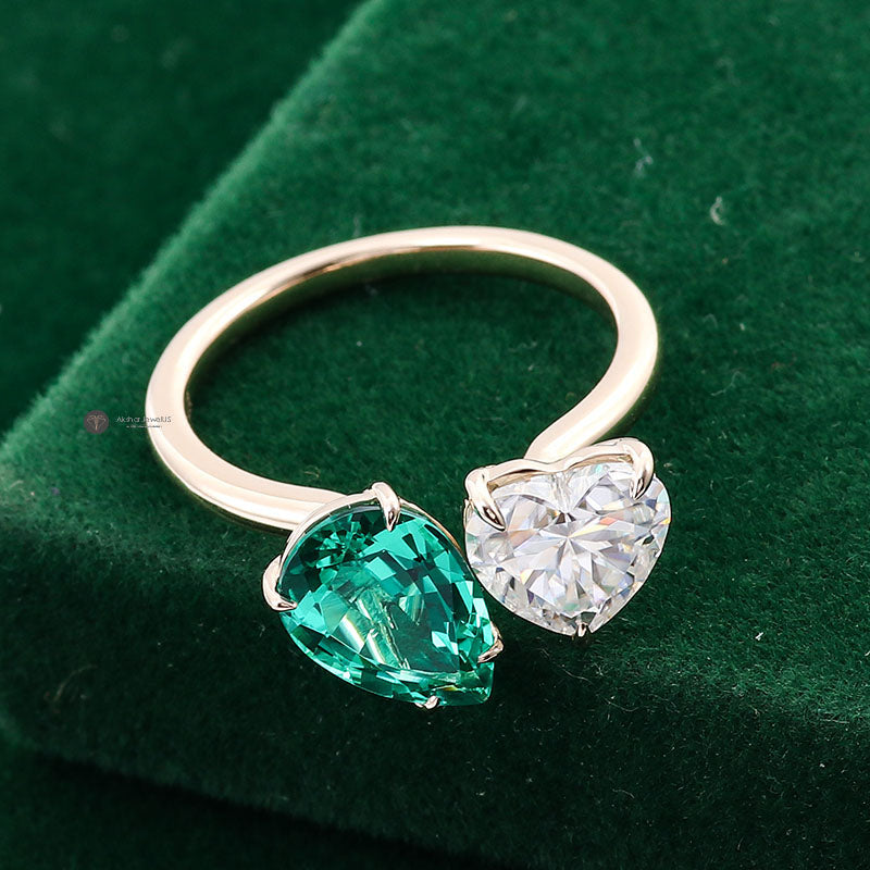 Green Emerald Pear and Heart Toi Et Moi Ring, Two Stone Ring