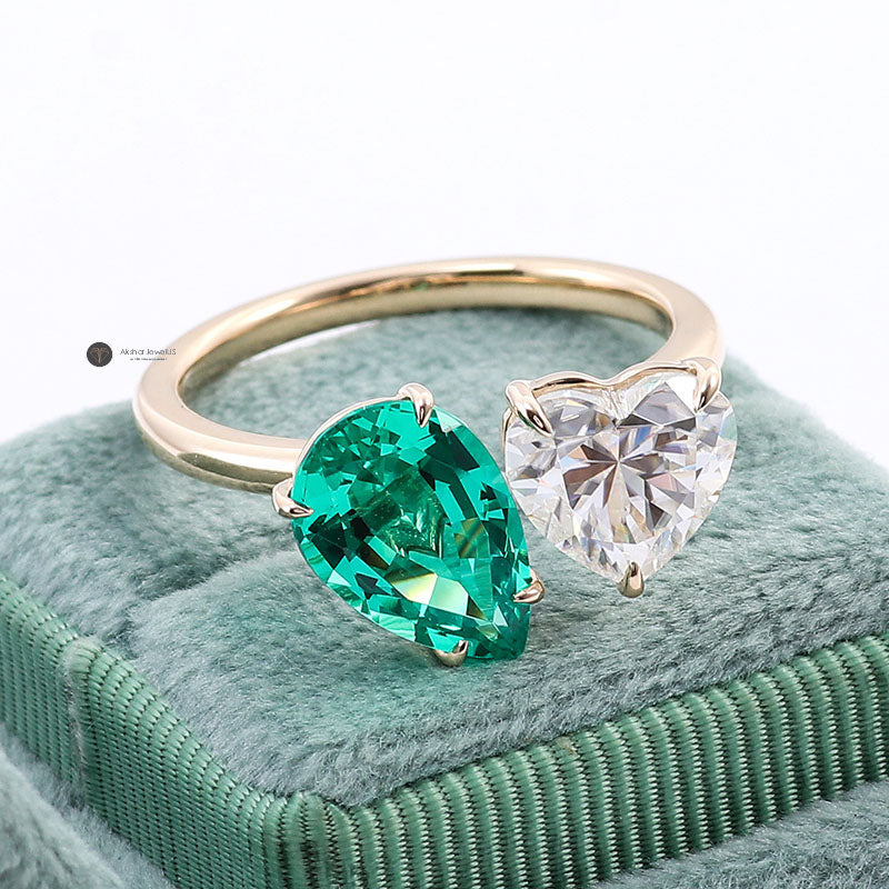 Green Emerald Pear and Heart Toi Et Moi Ring, Two Stone Ring